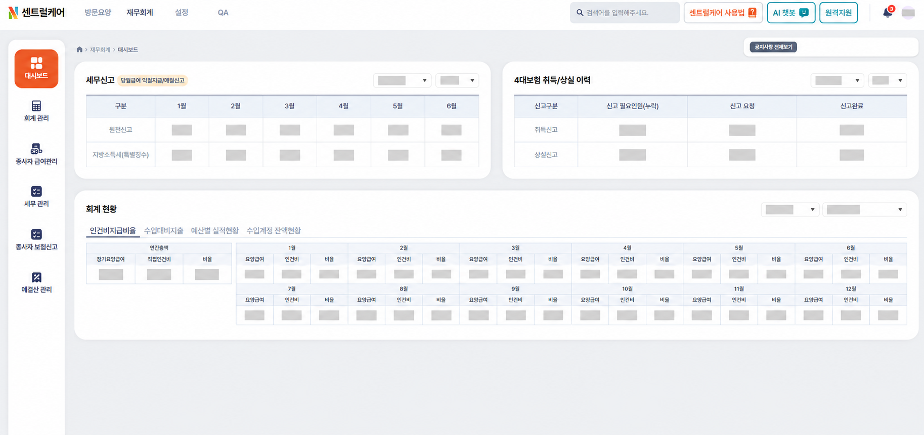 비식별 처리한 센트럴케어 재무회계 화면